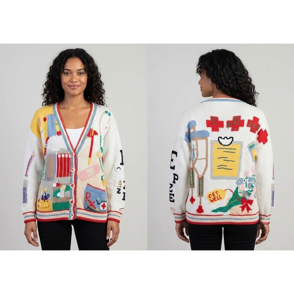 Belle Pointe Medical Nurse Cardigan Large White Vintage 90s Novelty Knit Sweater